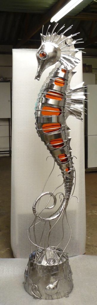 Large standing seahorse, made with high grade 316 stainless steel and inset with glass