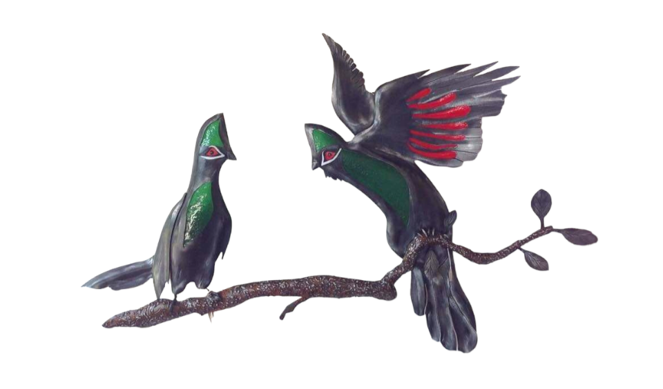 Treated steel Turacos on a branch